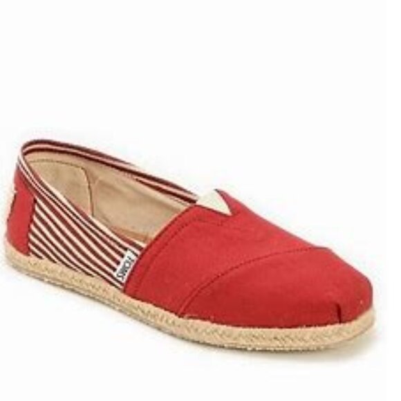 Toms Women's University Red Classic Rope Sole Slip-On Red / Ivory Stripe Flats - Picture 1 of 10